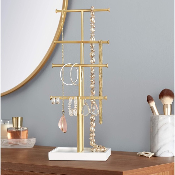 Basics Four-Tier Jewelry Tree‎ Stand - White/Brass - Picture 1 of 5